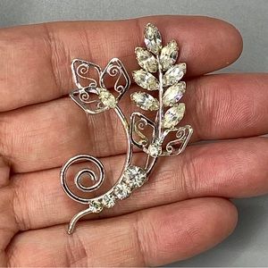 Vintage Tru Kay Sterling & Rhinestone Brooch Leaf Fern